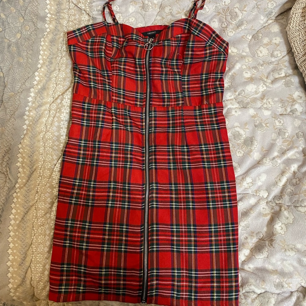Plaid zip up strap mini dress